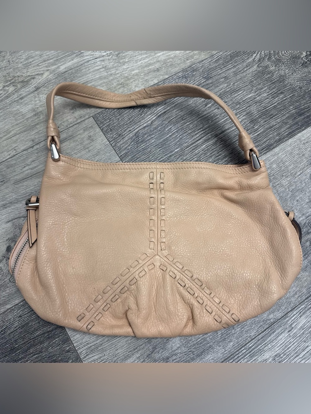 b. makowsky Beige Leather Shoulder Bag with Stitched Detail